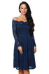 Sexy Blue Long Sleeve Floral Lace Boat Neck Cocktail Swing Dress